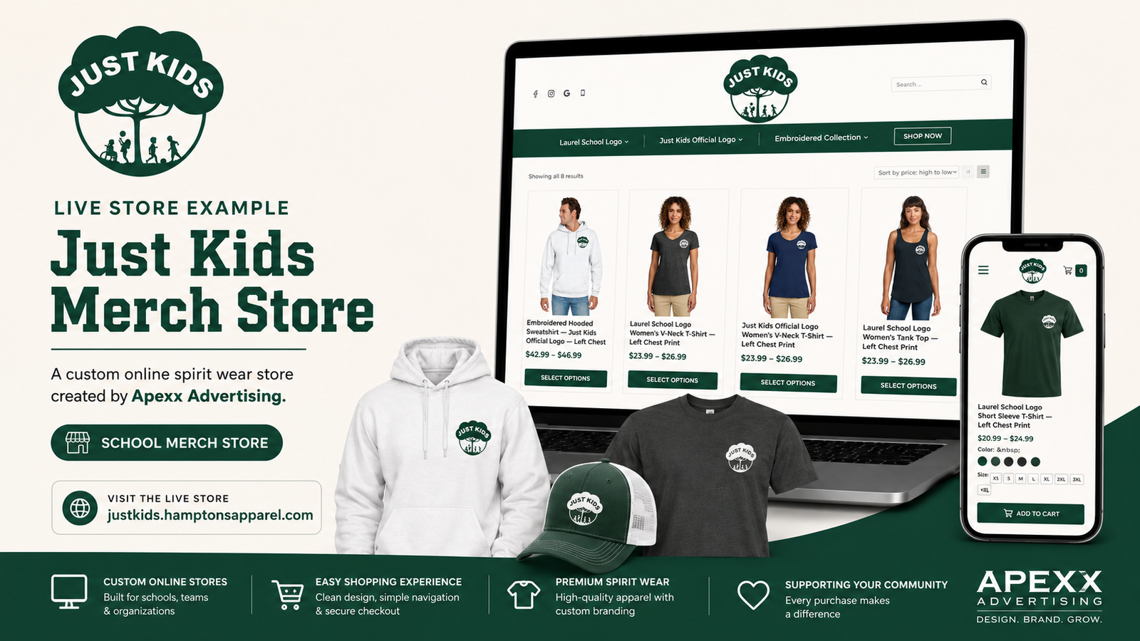 Explore our merch stores: Just Kids storefront on a laptop and phone with branded apparel.